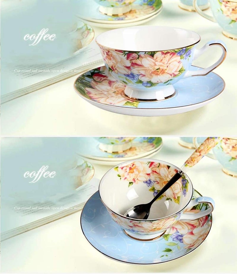 Krysclove Vintage Ceramic Teacup, Elegant Coffee Cup with Spoon and Saucer Set, Fine Royal Bone China Tea Cups (Blue) - Image 4